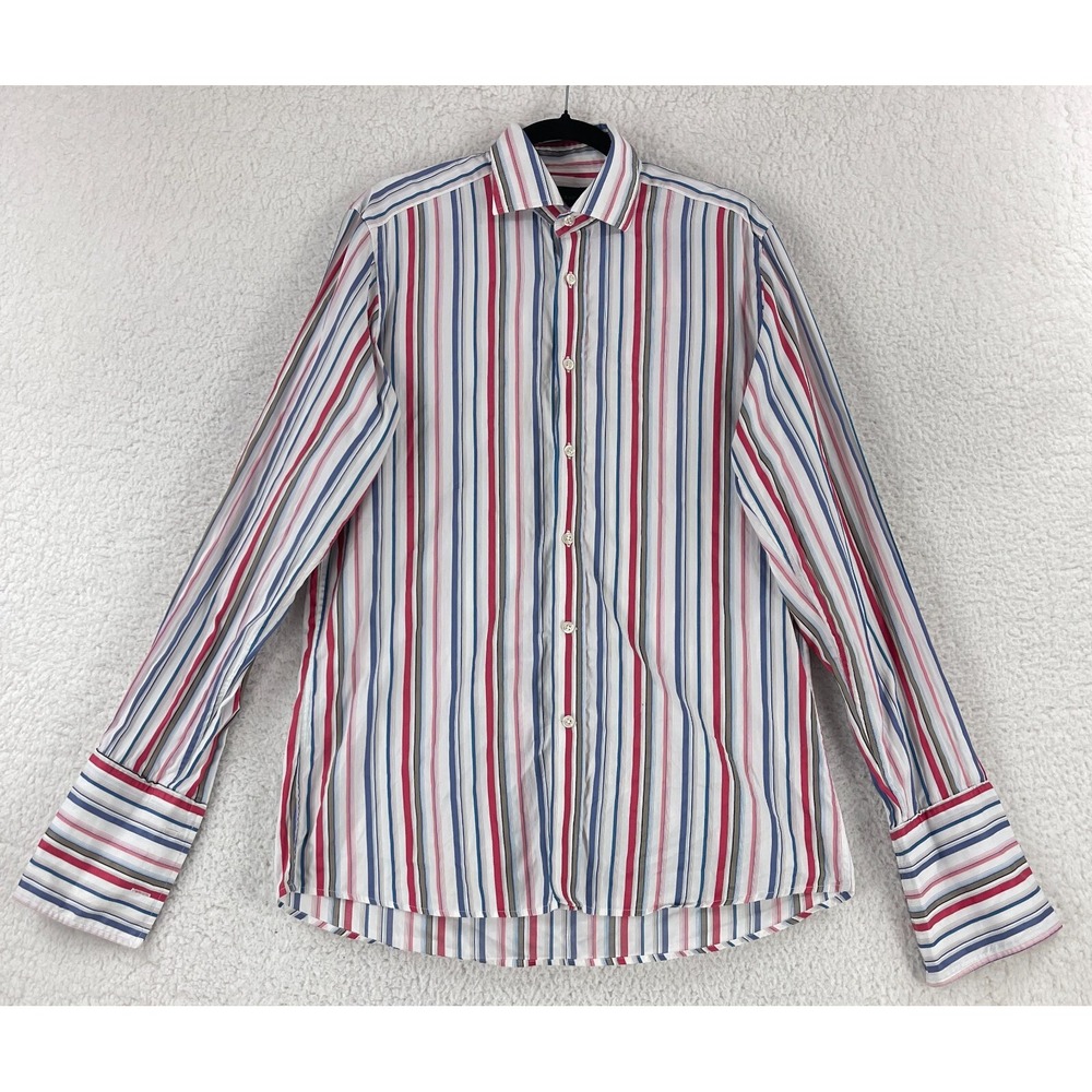 Duchamp London‎ Button-Up Dress Shirt Mens Medium White Stripe Print Long Sleeve